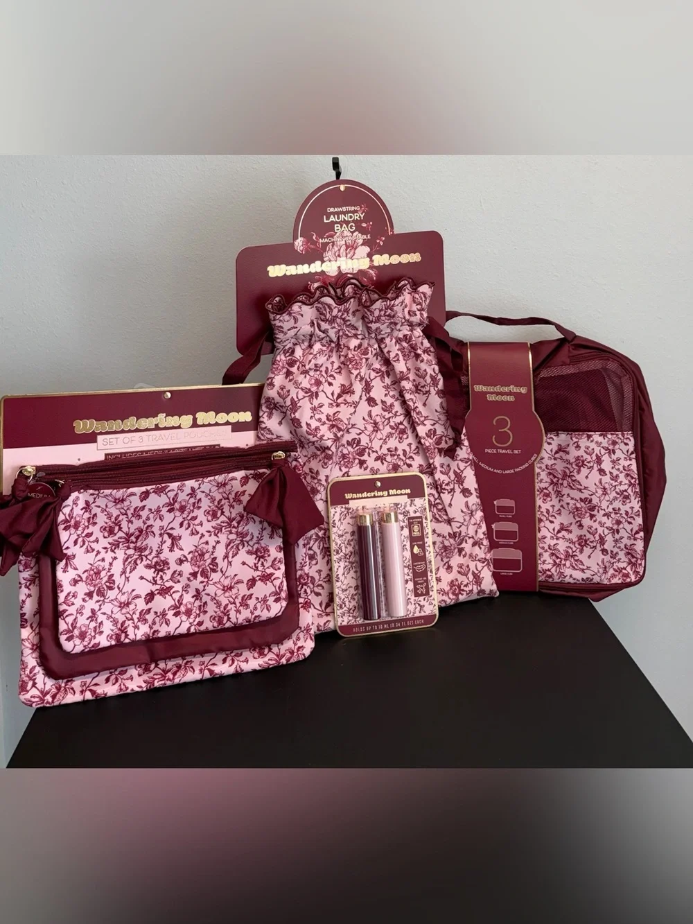 Wandering Moon | Wine Floral Packing Cube Travel Set (9)